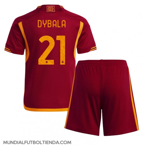 Camiseta AS Roma Paulo Dybala #21 Primera Equipación Replica 2023-24 para niños mangas cortas (+ Pantalones cortos)
